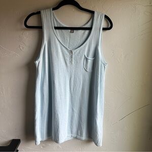 J Jill Blue Linen and Organic Cotton Blend‎ Tunic Length Knit Henley Tank Sz L